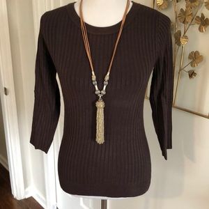 Brown, ribbed, 3/4 length sleeve sweater